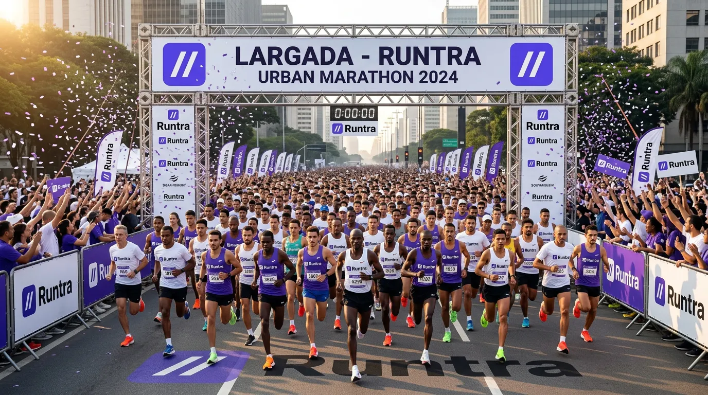 Multidão de corredores amadores e profissionais cruzando o pórtico de largada em uma corrida de rua Multidão de corredores amadores e profissionais cruzando o pórtico de largada em uma corrida de rua