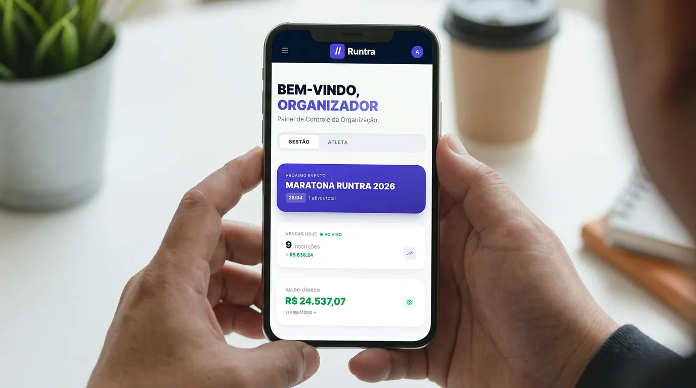 Atleta utilizando o celular para realizar a inscrição online em uma corrida de rua através do sistema automatizado da plataforma Runtra. Atleta utilizando o celular para realizar a inscrição online em uma corrida de rua através do sistema automatizado da plataforma Runtra.